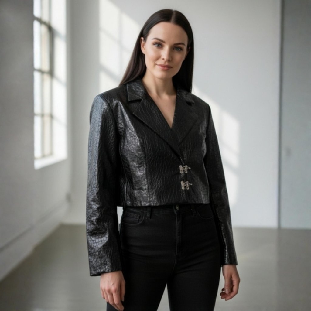 Badee Faded Vegan Leather Croctexture Crop Jacket Oversized One Size